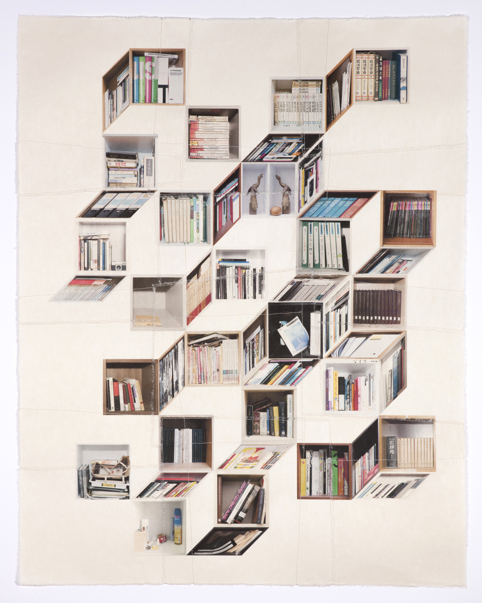 책가도325_100cmX80cm_프린트된 한지에 손바느질_2014