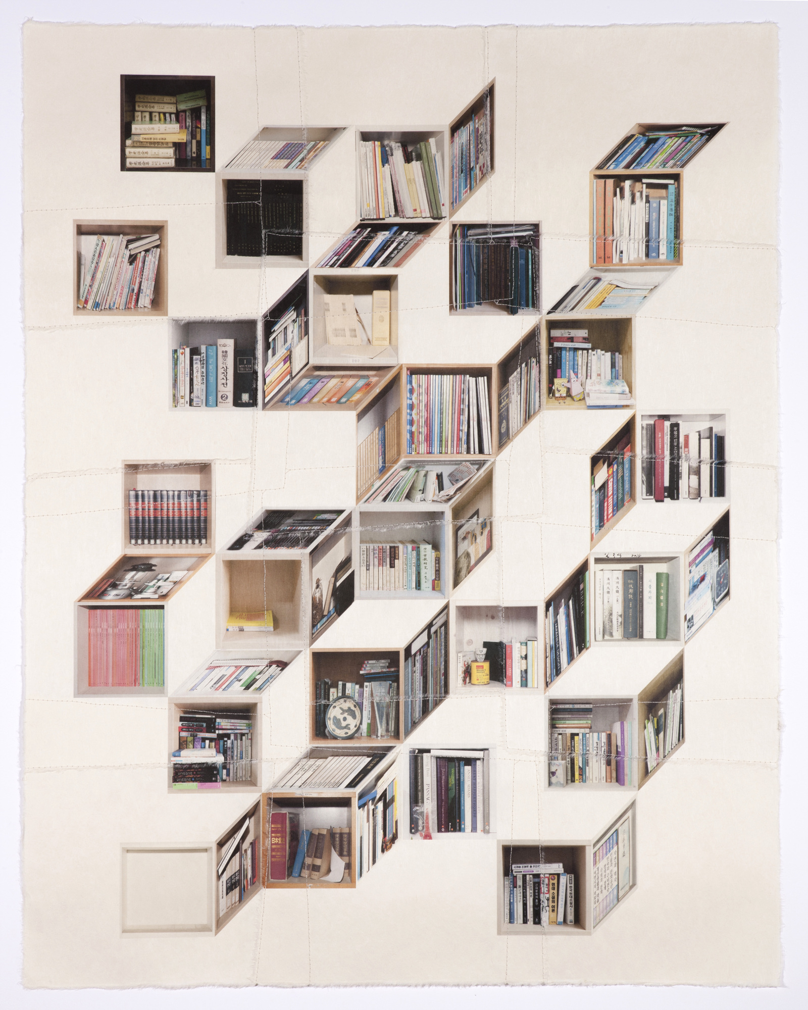 책가도327_100cmX80cm_프린트된 한지에 손바느질_2014