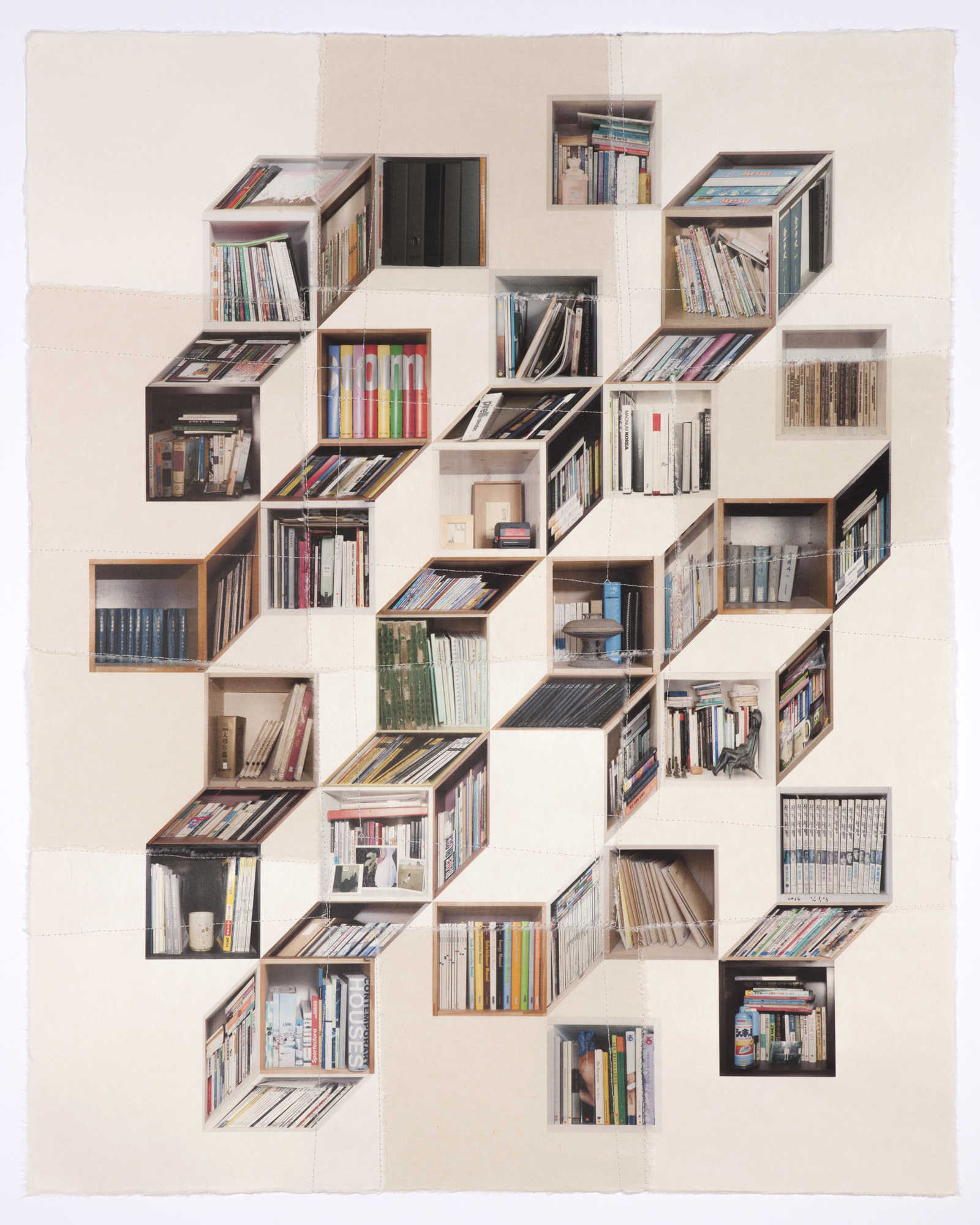 책가도328_100cmX80cm_프린트된 한지에 손바느질_2014