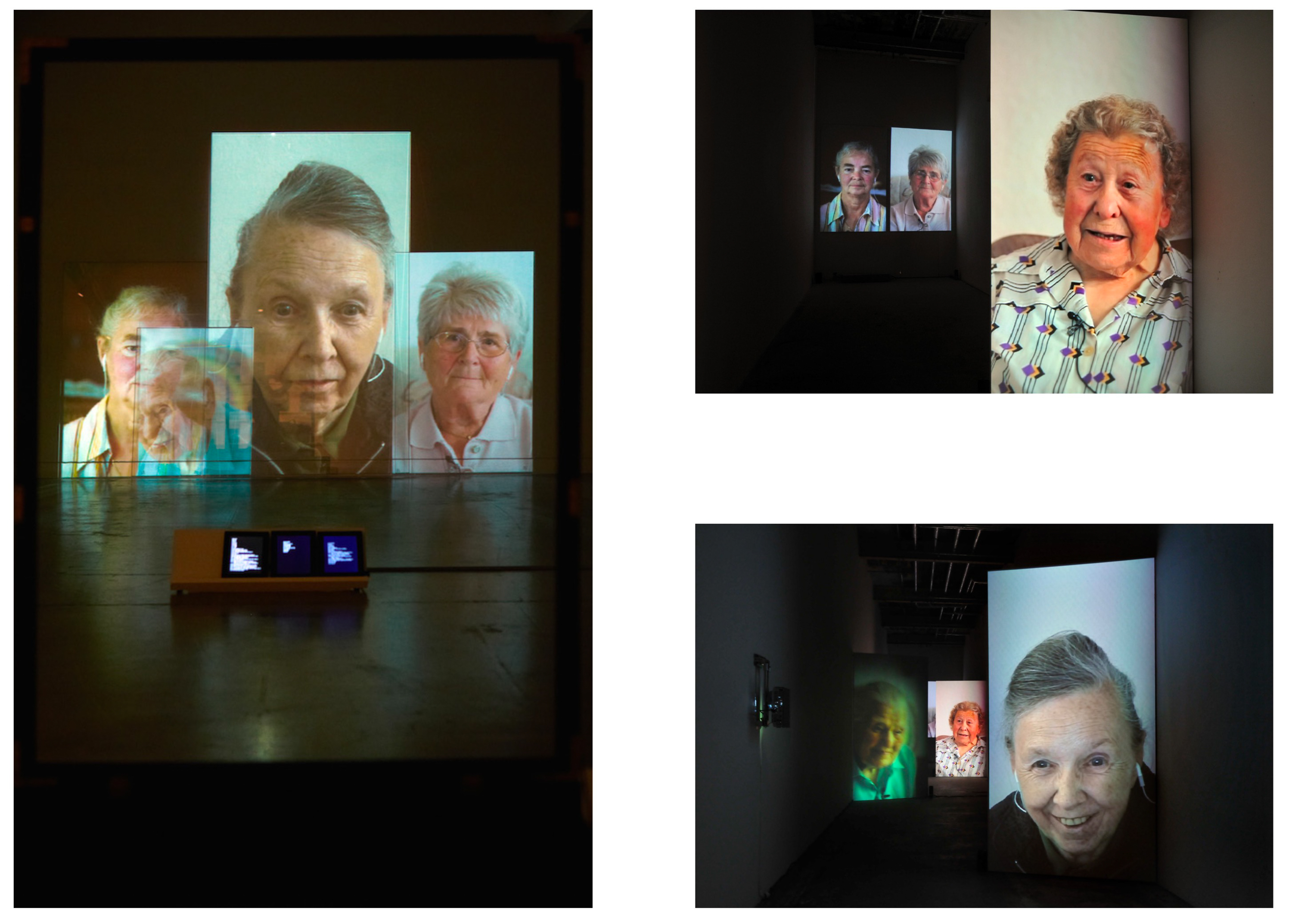 FOR GOTT EN, 강화유리에 4채널 비디오 설치ㆍ3분 20초(반복) 가마 이동식 극장 인터뷰용 도구ㆍC 프린트 시리즈ㆍHDVㆍ컬러ㆍ스테레오, 가변크기, 180x90x120cm, 20x30cm, 2012